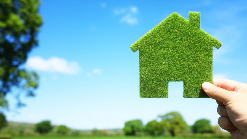 Cut out house made of grass held up to a blue sky background.