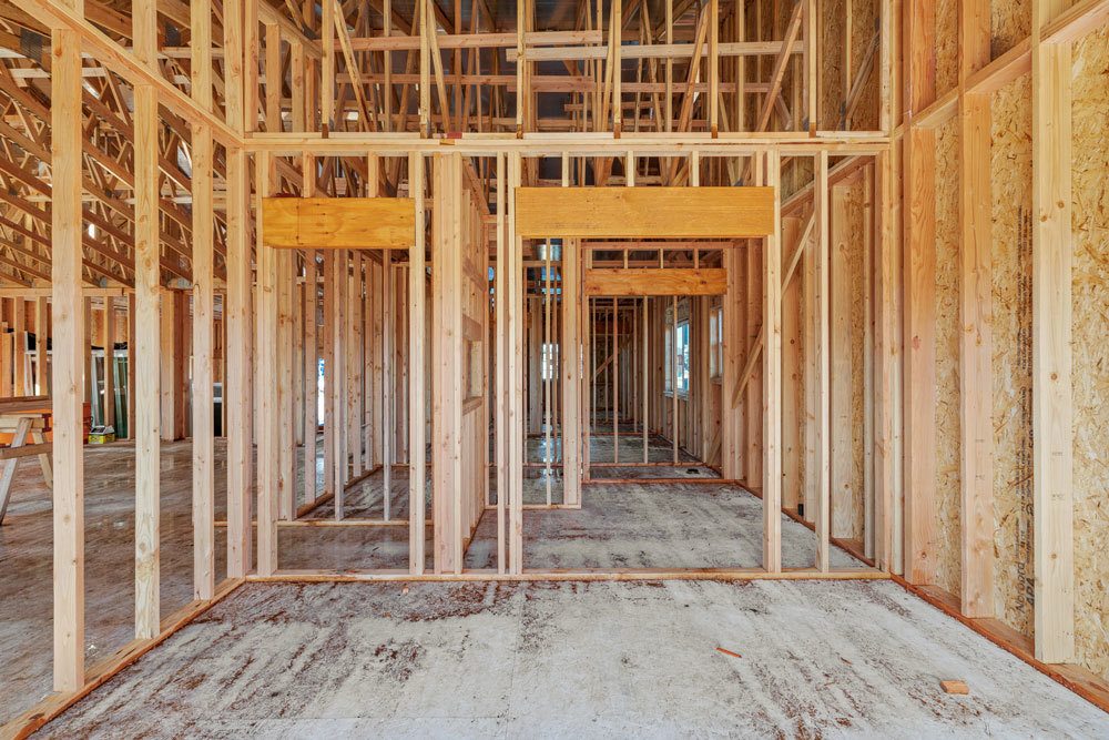 interior wall framing and doorways of new home construction in coffey park
