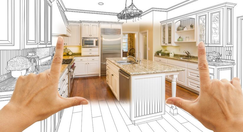 Female Hands Framing Custom Kitchen Design Drawing and Square Photo Combination