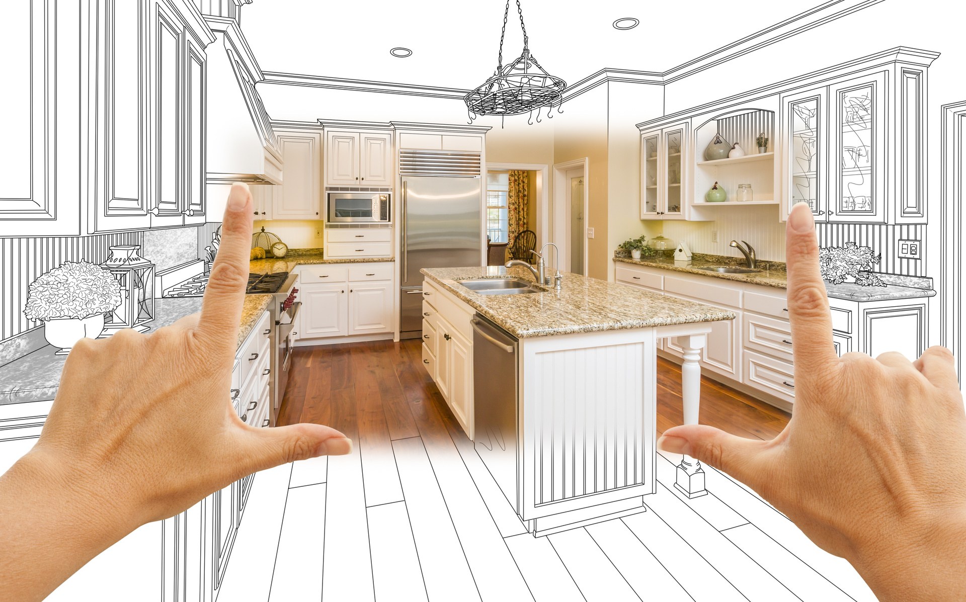Female Hands Framing Custom Kitchen Design Drawing and Square Photo Combination