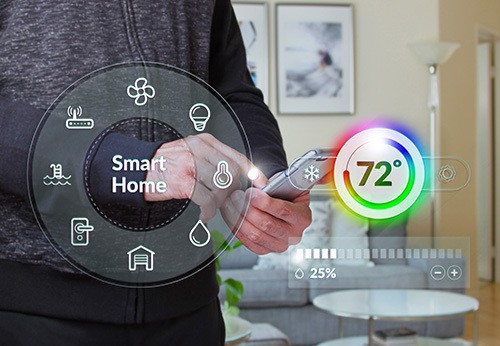 Smart home control dashboard with male using smartphone at home in the background