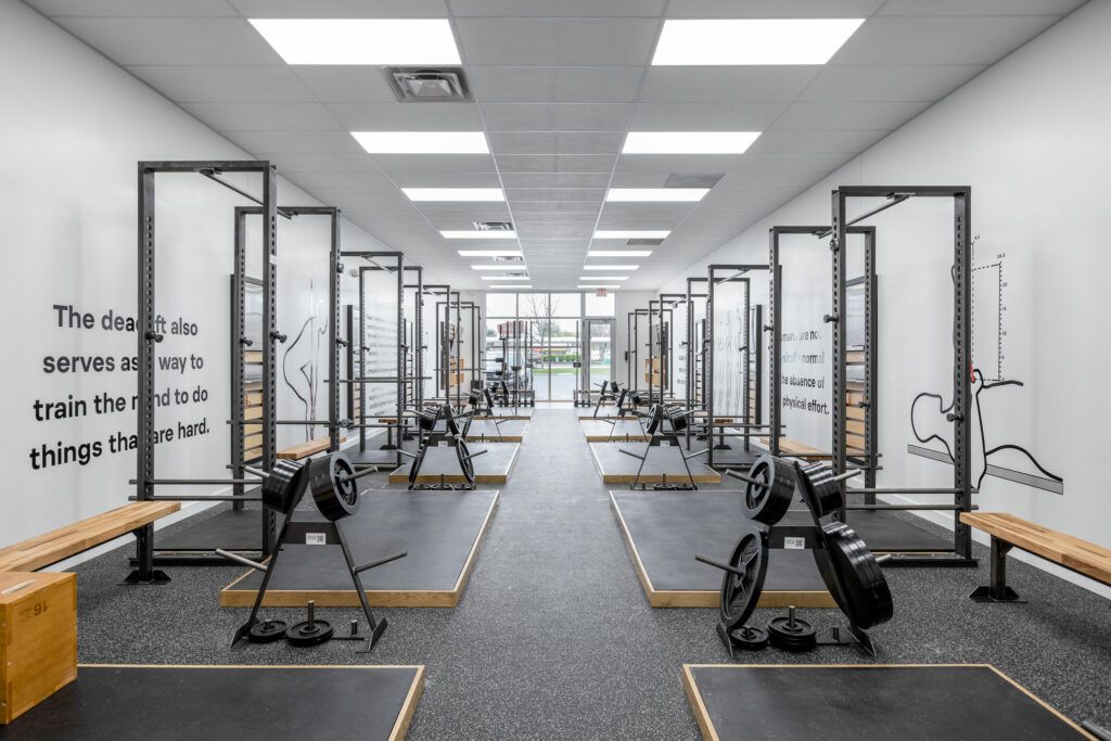 Starting Strength Columbus gym narrow storefront with ample ceiling lights