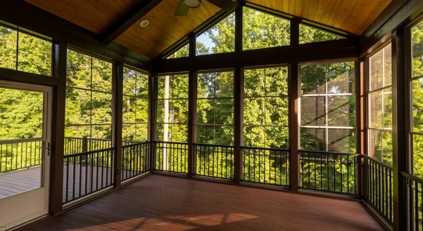Enclosed deck home addition with trees outside windows