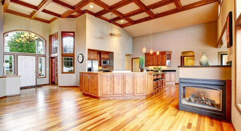 light wood floor in well-lit luxury home entry with sunshine reflecting