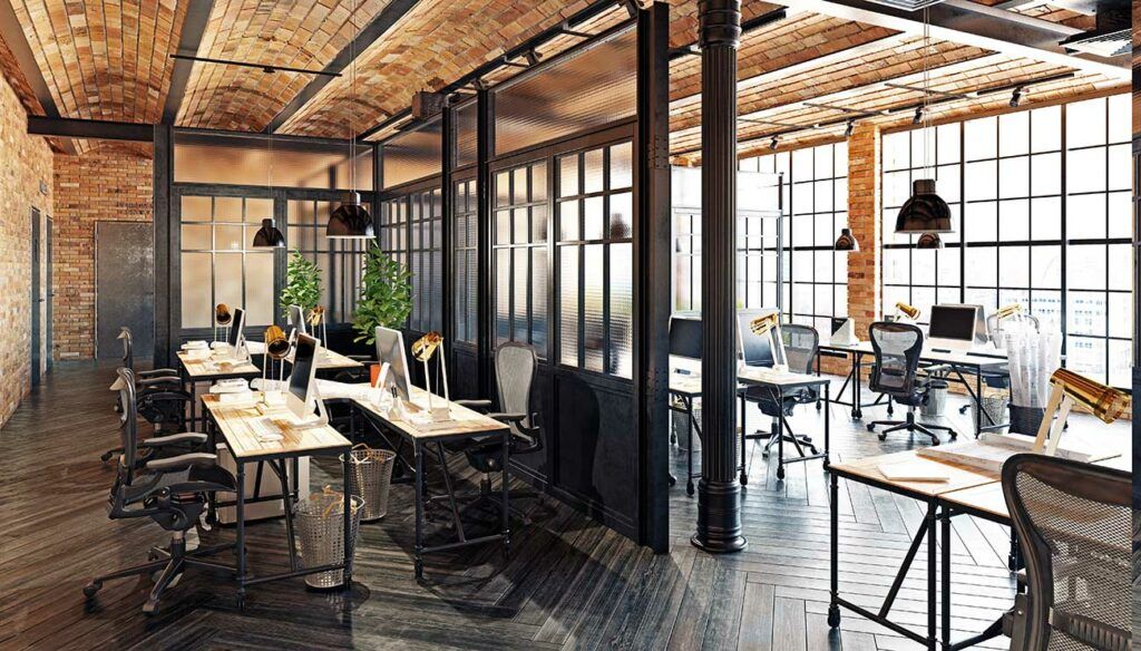modern office with floor to ceiling windows and open layout
