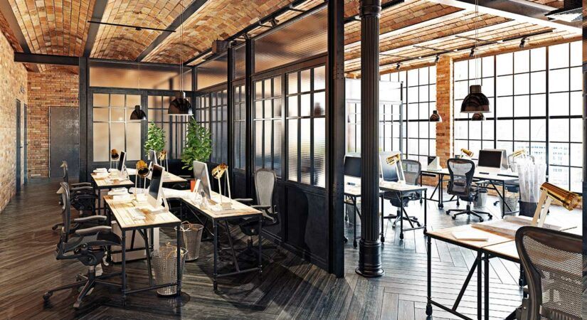 modern office with floor to ceiling windows and open layout