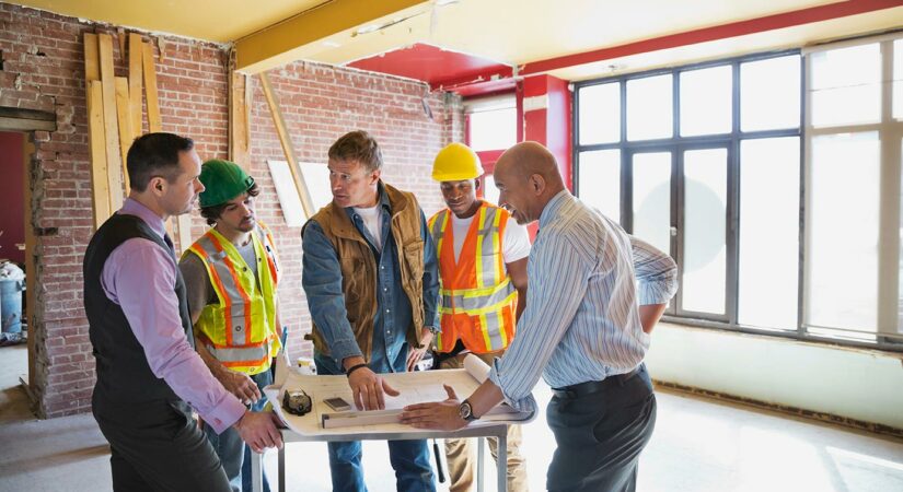 A foreman, two construction workers, and two businessmen discuss renovation plans in unfinished room