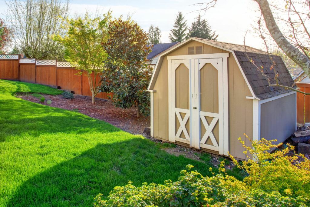 newly built shed in backyard