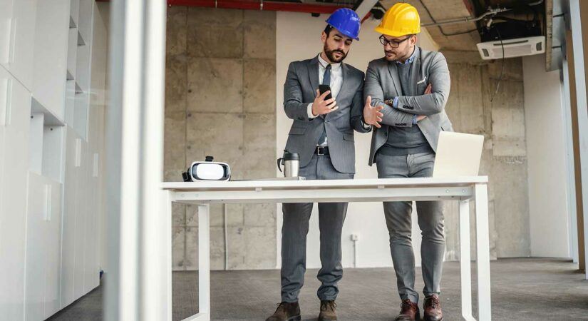 2 men in hard hats in shell of building, standing at simple desk, looking at phone.