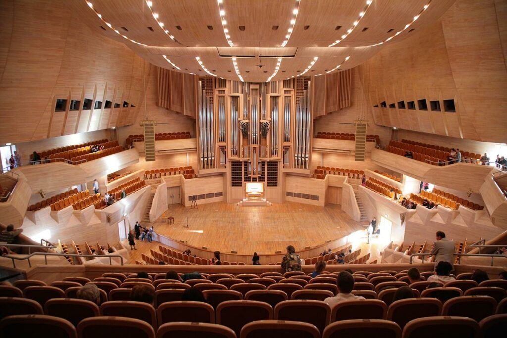 concert hall designed with architectural acoustics. No hard angles 
