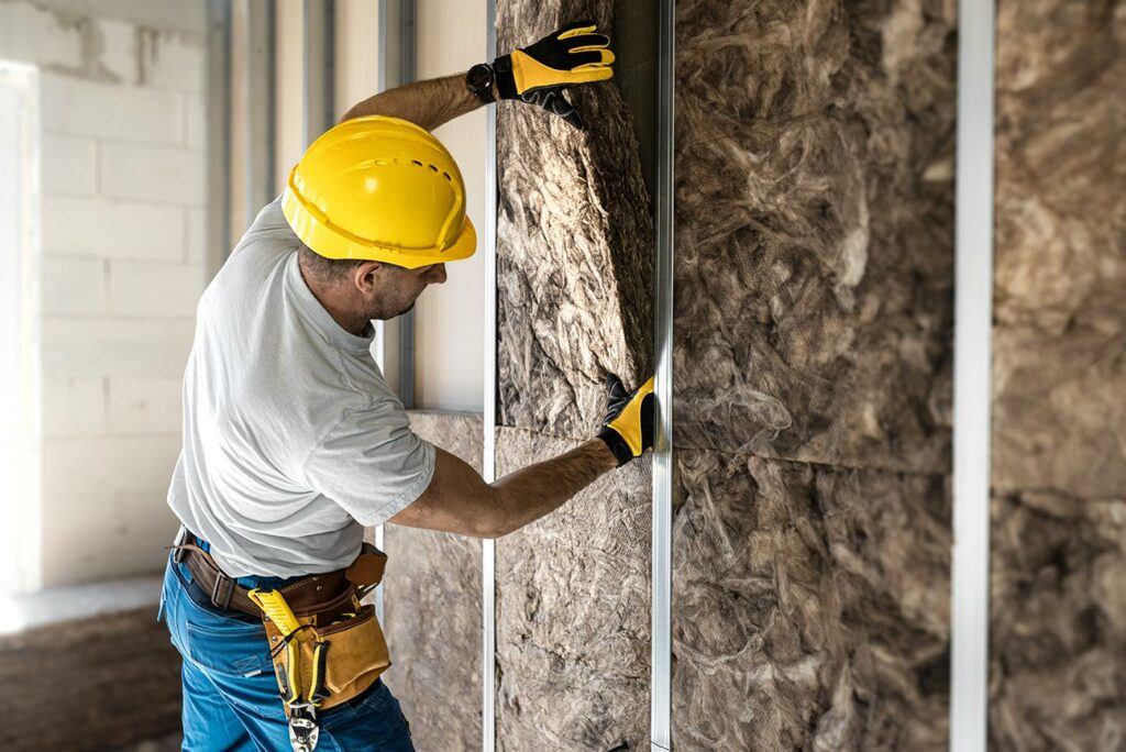 construction worker installing acoustic insulation in wall