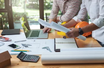 Commercial construction team reviewing renovation blueprints with calculator and computer