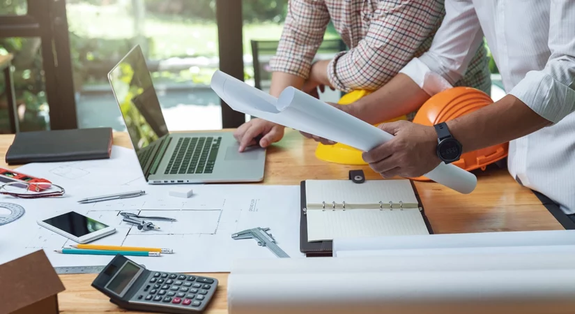 Commercial construction team reviewing renovation blueprints with calculator and computer