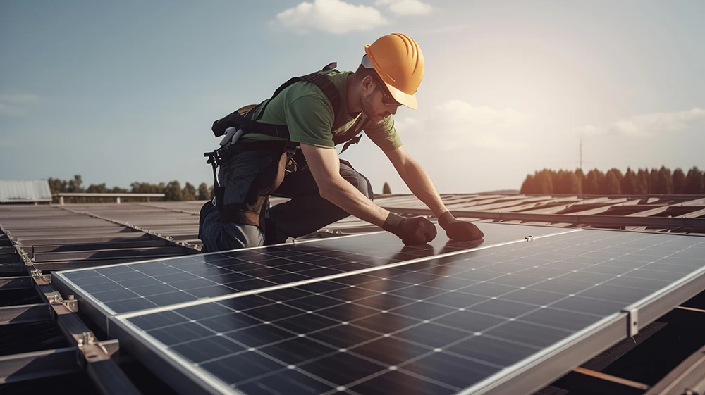 Solar power engineer installing solar panels on the roof of a business during a commercial renovation