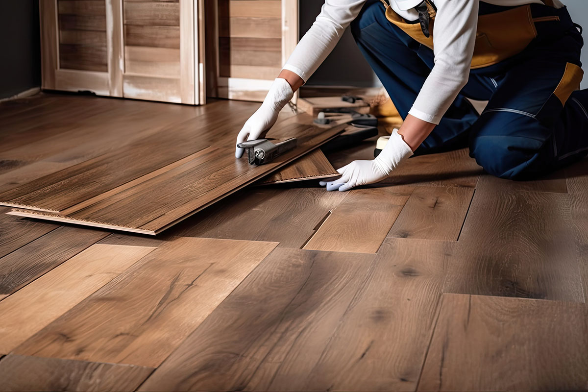 A worker upgrades the flooring in an office space to engineered wood for tenant improvements.