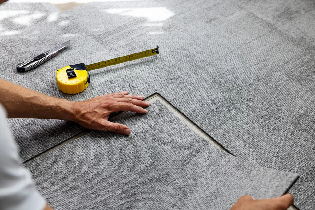 A worker installs gray carpet tile for a commercial construction project.