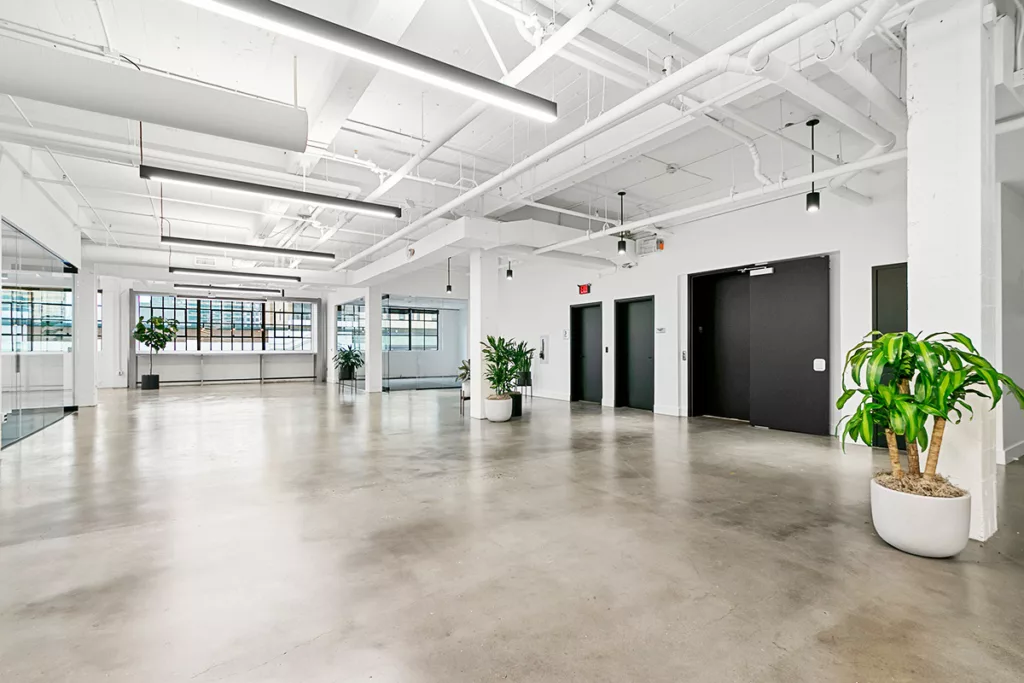 The lobby of a commercial building, with polished concrete flooring, white walls, black doors, and potted plants