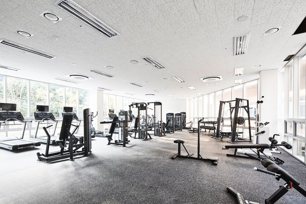 The interior of a gym filled with equipment, with rubber flooring and bright windows.