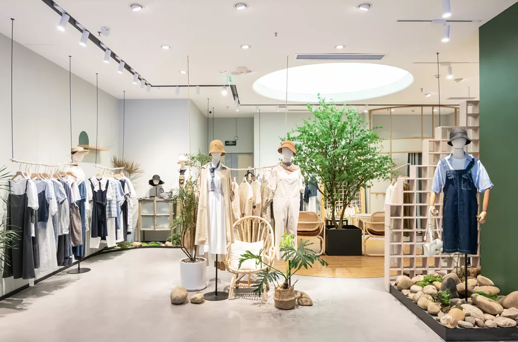 The interior of a clothing store with bright LED lighting