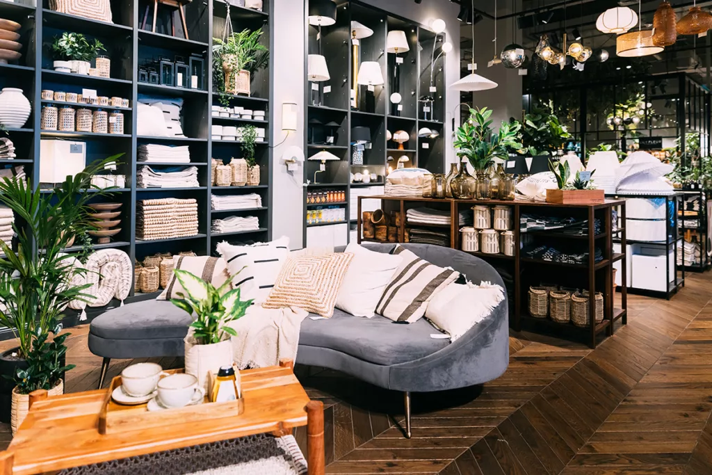 The interior of a home decor store, with efficient layout design and hardwood floors.