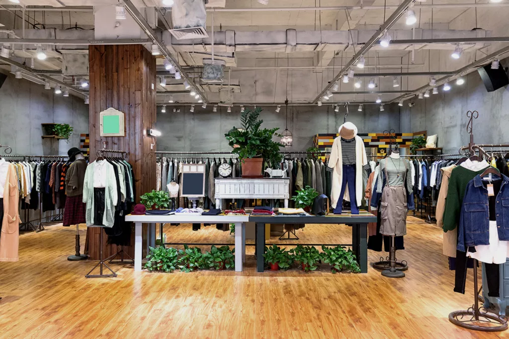 The interior of a clothing store retail space with hardwood floors