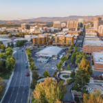 A birds-eye view of Boise, in the Treasure Valley, Idaho at sunset